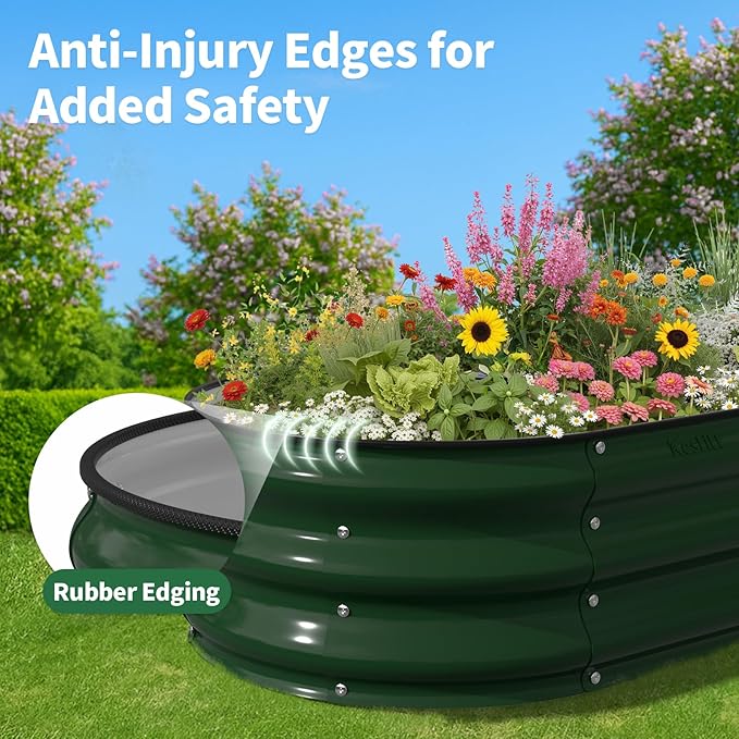 Kesfitt Raised Garden Bed 4x2x1 FT Galvanized Steel Metal Raised Garden Bed Oval Open-Bottom Design 12-Inch Deep for Outdoor Vegetable &amp Herb Gardening Forest Green