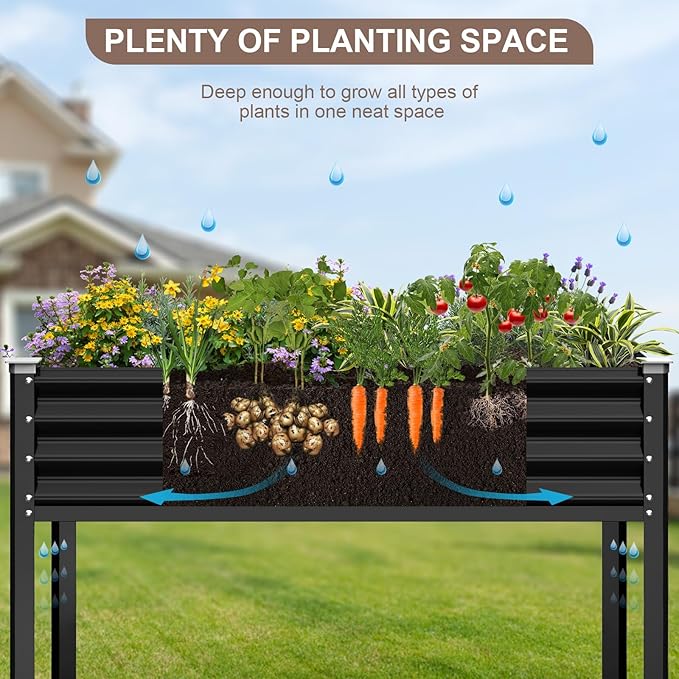 Raised Garden Bed with Legs 48×24×32in Galvanized Raised Garden Beds Outdoor Elevated Metal Planter Box for Gardening Vegetables Flowers Herb （Black）