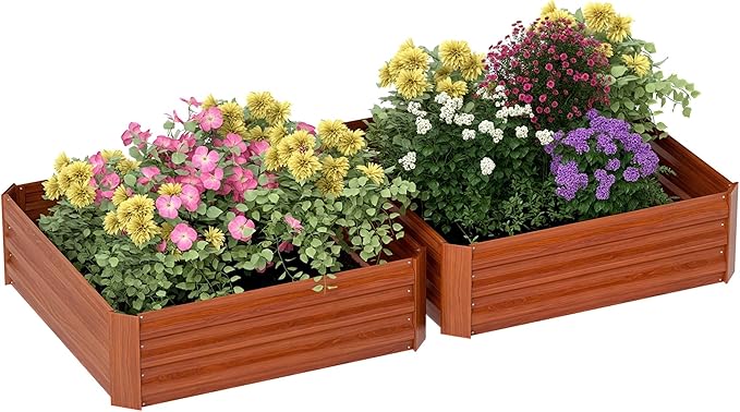 Outsunny 2 Piece Galvanized Raised Garden Bed 3.3' x 3.3' x 1' Metal Planter Box for Growing Vegetables Flowers Herbs Succulents Dark Brown