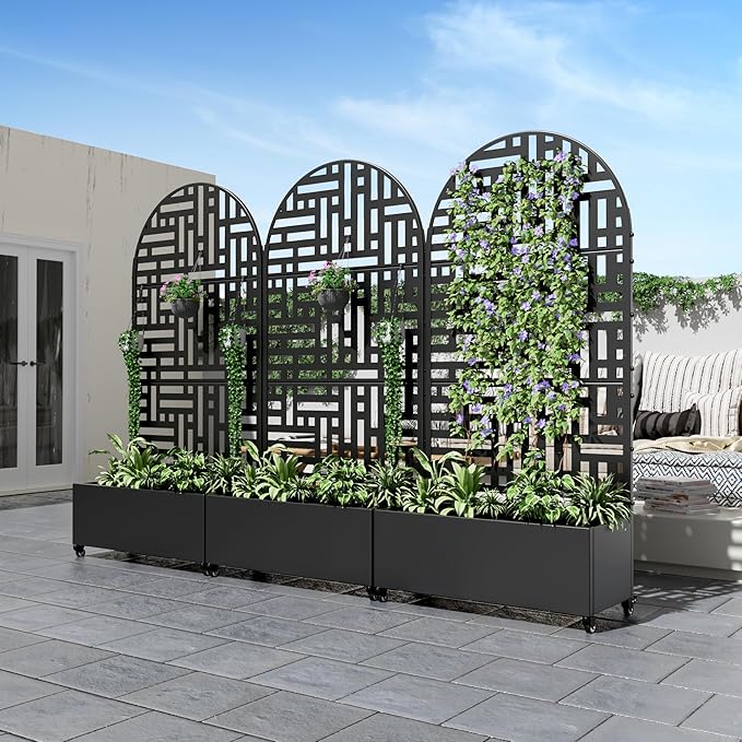 Casaphoria 72x35 Metal Raised Garden Bed with Trellis(2 Pack) Outdoor Planter Box with Wheels &amp Drainage Holes for Climbing Plants Flowers Elevated Garden Kit with Privacy Screen Black-Helen