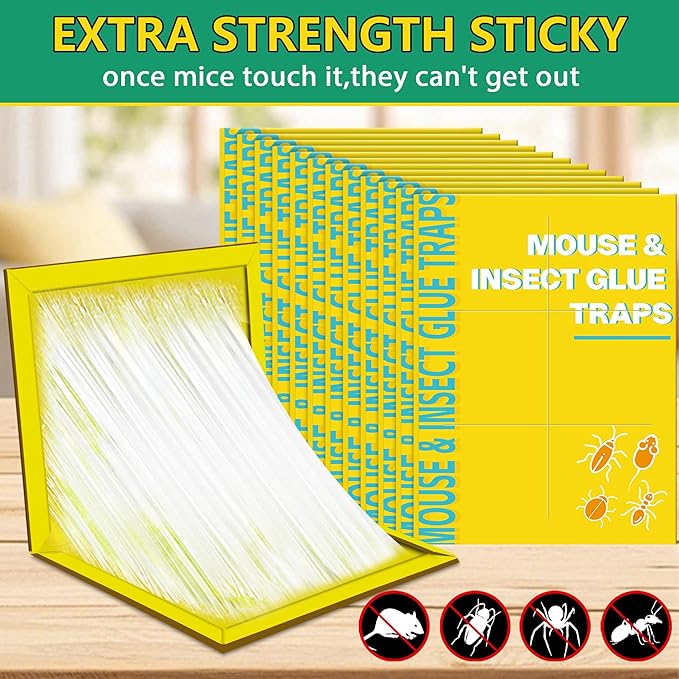 12 Pack Sticky Mouse Traps Sticky Traps for Rats Mice Rodents Snakes No Touch Indoor Mouse Traps for Home Kitchen Garage Attic Basements Easy to Set Yellow