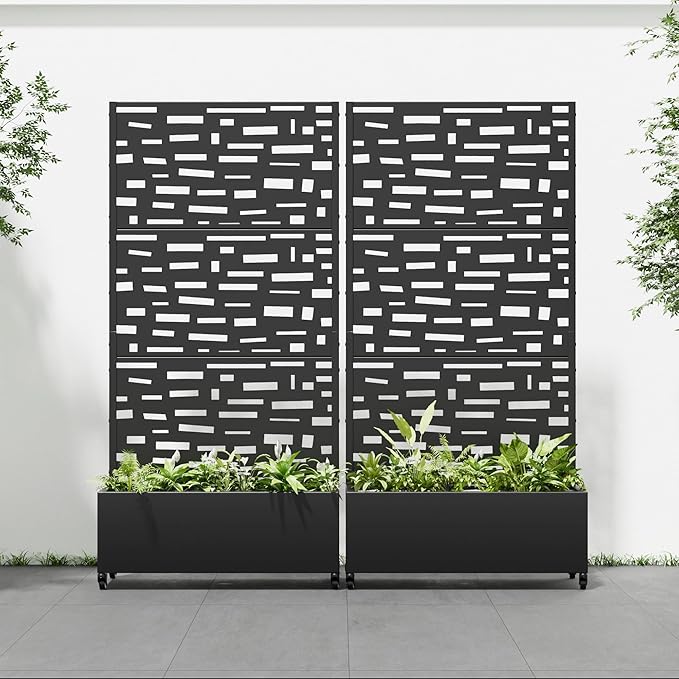Casaphoria 72x35 Metal Raised Garden Bed with Trellis(2 Pack) Outdoor Planter Box with Wheels &amp Drainage Holes for Climbing Plants Flowers Elevated Garden Kit with Privacy Screen Black-Geral