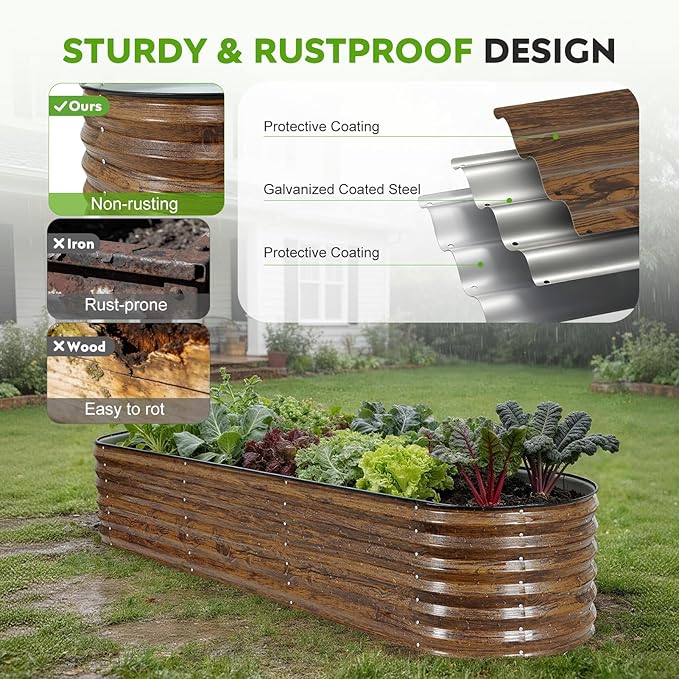 ZORMY Galvanized Raised Garden Bed Outdoor- 8x2x1.4ft Oval Steel Raised Beds for Gardening Metal Planter Box with Protective Strip and Gloves for Vegetables Flowers Fruits(Brown)
