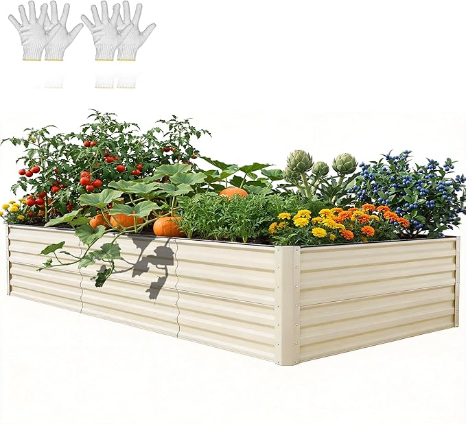 YITAHOME 8x4x2ft Large Raised Garden Bed Kit Galvanized Metal Planter Box with Gloves Support Rod &amp Safety Rubber Outdoor Above Ground Planters for Plants Vegetables Flowers Cream Yellow