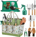 Gardening Tools 10 Pack Heavy Duty Rust-Proof Garden Tool Set with Organizer Tote BagSturdy Repotting MatGardening Gifts for Women Mom(Green)