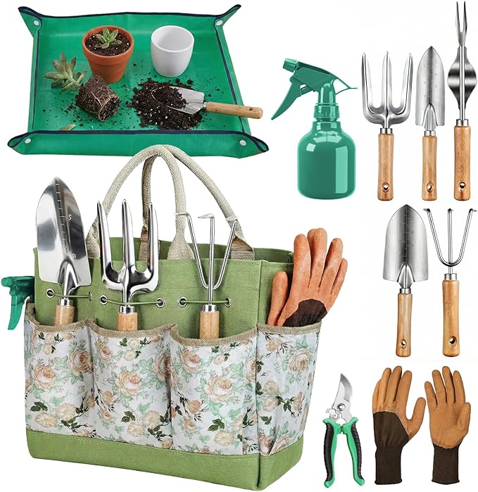 Gardening Tools 10 Pack Heavy Duty Rust-Proof Garden Tool Set with Organizer Tote BagSturdy Repotting MatGardening Gifts for Women Mom(Green)