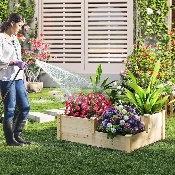 S AFSTAR 3-Tier Raised Garden Bed Outdoor Elevated Planter Box for Vegetable Fruit Herb Flower Solid Fir Wood Planter Kit with Open-Ended Base Gardening Planter for Garden Yard Lawn Backyard