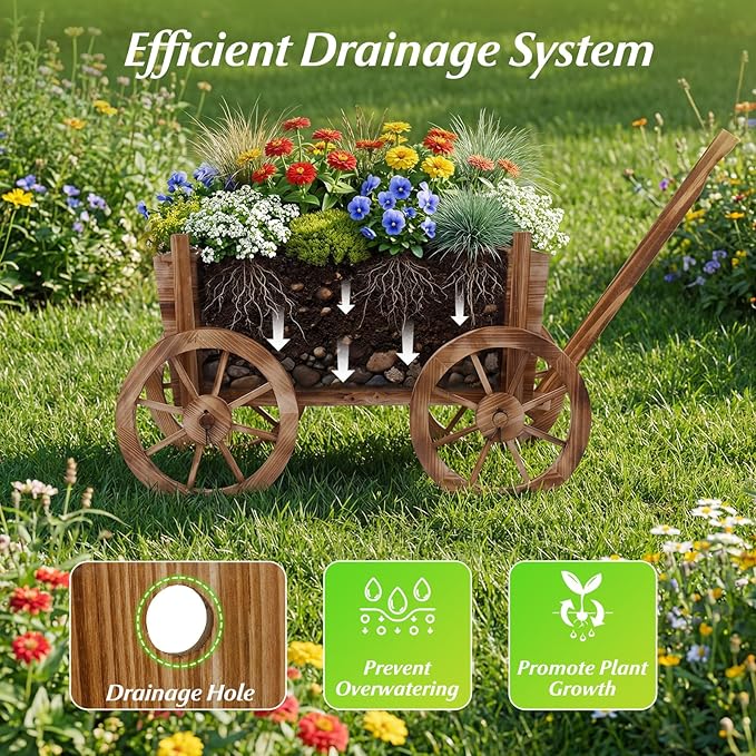 HAPPYGRILL Wood Wagon Wheelbarrow Planter Outdoor Rolling Garden Planter Cart with 4 Wheels Drainage Hole &amp Adjustable Handle Decorative Wagon Flower Pot Stand for Home Backyard Patio(1)