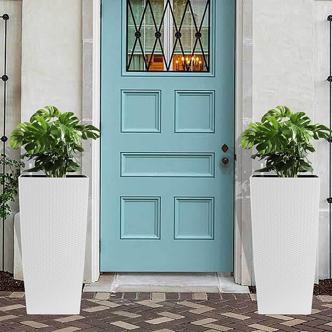 IndoorOutdoor Faux Rattan Square Planter 30 Inch White Plastic Large Planter with Automatic Watering System for Home and G(White 30 Inch 1)