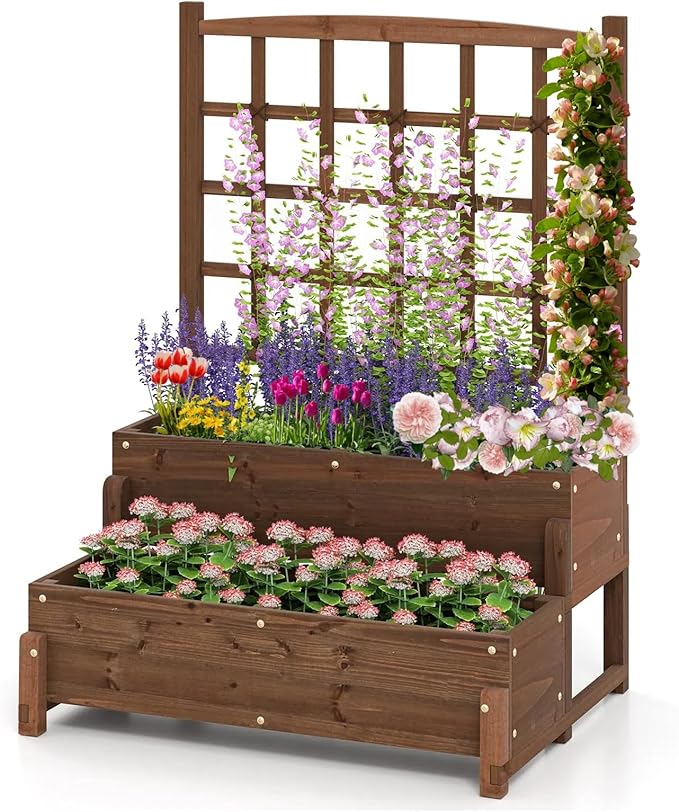 Fir Wood Raised Garden Bed with Trellis 2-Tier Wooden Elevated Planter Box w/Drainage System Garden Trellis for Flower Vegetable Fruit &amp Herb (1)