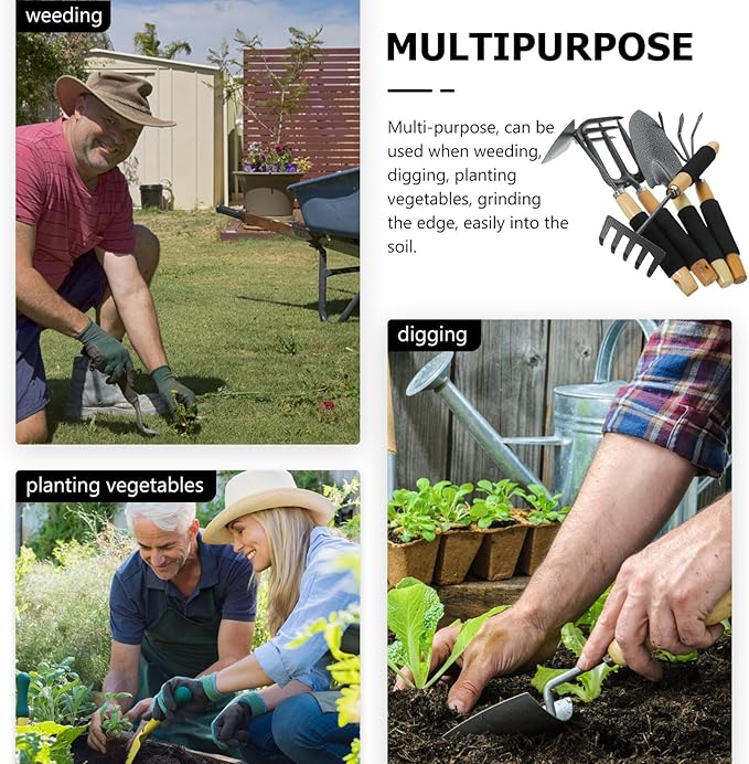 Gatuida 5pcs Garden Tool Set with Hand Shovel Five-Tine Rake and Dual-Head Hoe Small Gardening Tools for Planting and Lawn Care Sturdy Metal Construction with Ergonomic Handles