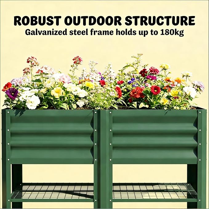 Elevated Outdoor Raised Garden Bed with Legs - 39.6-Gallon Galvanized Steel Planter Box for Patio Herbs Vegetables &amp Flowers - Ergonomic Height 33lb Storage Shelf (Green)