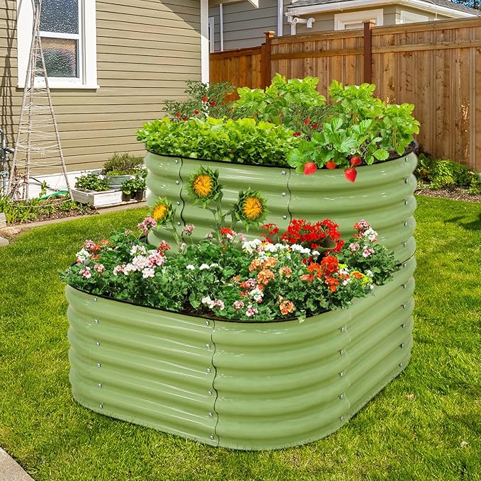 EAGLE PEAK 2-Tier Galvanized Raised Garden Bed Planters Planter Boxes Outdoorfor Vegetables Flowers and Herbs Assembly Modular - 33in Overall Height 41'' L x 43'' W Olive Green