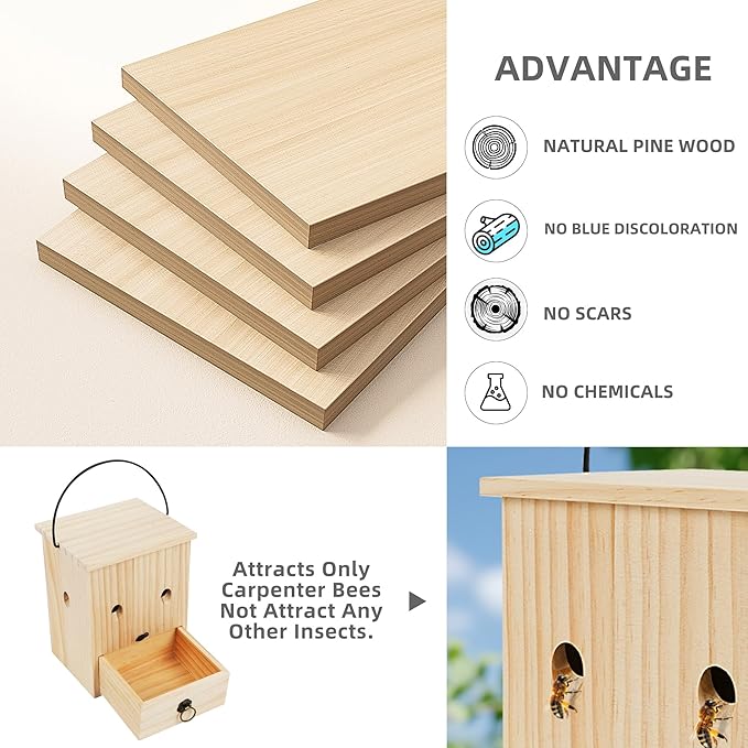 Carpenter Bee Traps for Outside 4PACK– Durable Weather-Resistant Eco-Friendly Wooden Wasp Trap for Outdoor Use
