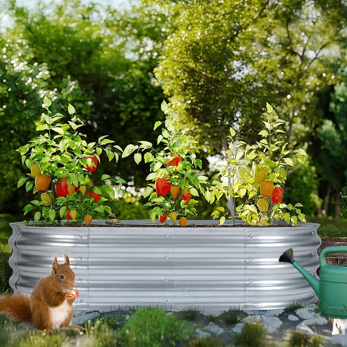 Aoodor Galvanized Raised Garden Bed Kit 4 x 2 x 1 Ft Oval Planter Box for Vegetables Flowers Herbs Outdoor Use Silver