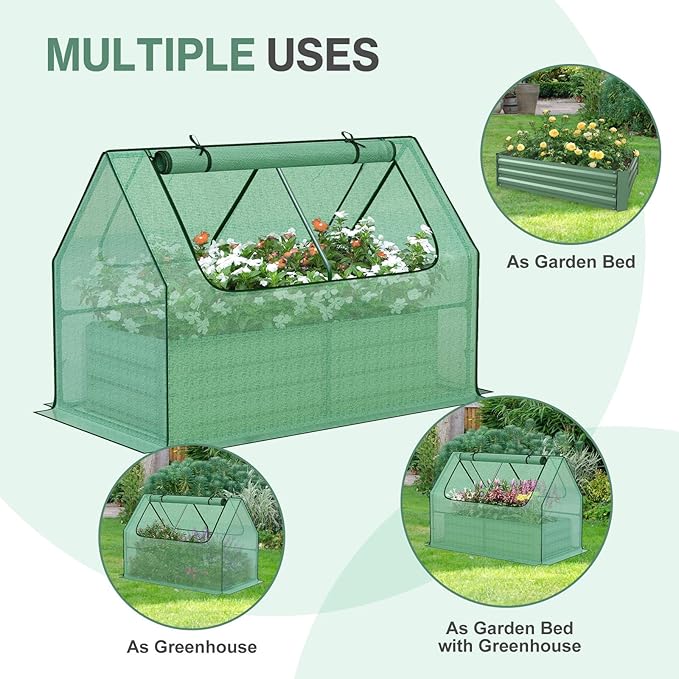 Aoodor Raised Garden Bed Kit 4x2x1 FT Galvanized Planter Box with PE Cover Screen Windows for Gardening Green