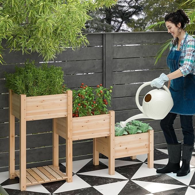 HAPPYGRILL 3-Tire Raised Garden Bed Wooden Raised Planter Box with 3 Planter Boxes Drainage Holes Open Storage Shelf Outdoor Garden Bed with Legs for Plant Fruit Vegetable Flower Herb