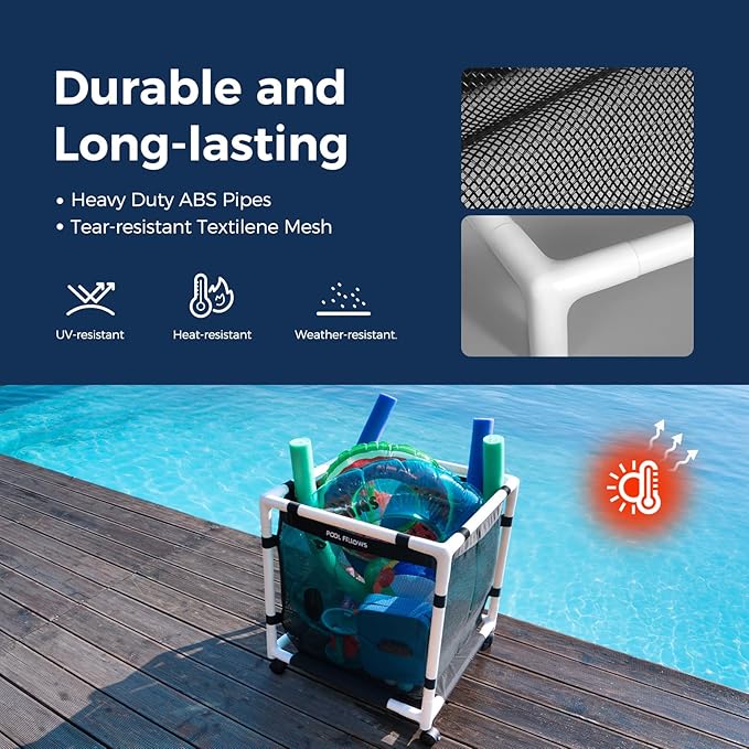 Pool Storage Bin 45 Gallons Holder for Noodles Toys Floats Towels Mesh Organizer for Swimming Equipments Mini Style