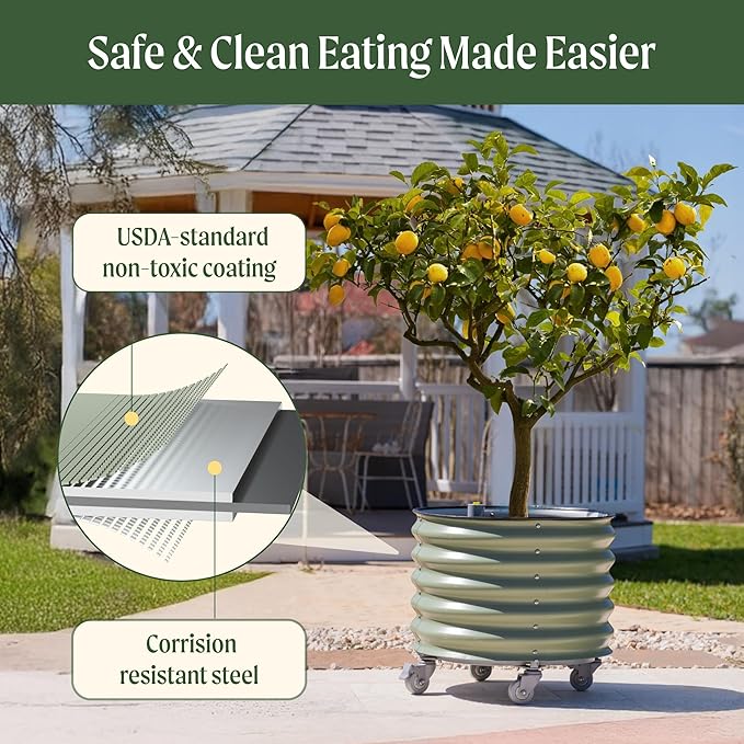Rolling Metal Citrus Tree Planter Self-Watering Round Large Pot for Growing Trees Tomatoes Vegetables and Flowers Raised Garden Bed with Wheels for Porch Patio &amp Backyard Single Pack-Modern Gra