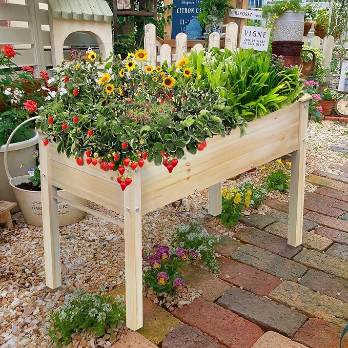 New Upgrade Wooden Raised Garden Bed 48x24x31IN Elevated Reinforced Large Planter Box with Legs for Vegetable Flower Herb Outdoor Standing Growing Bed for Gardening/Backyard/Balcony Liner Included