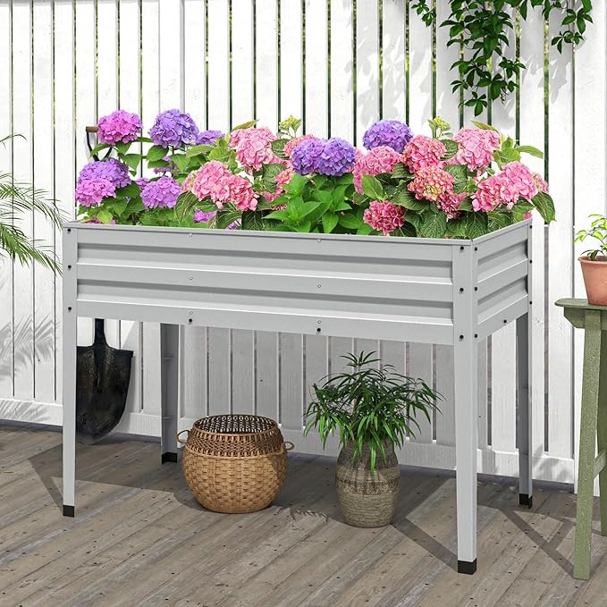 Giantex Raised Garden Bed with Legs 46”x24”x32” Galvanized Steel Planter Box with Drainage Holes for Vegetables Flowers &amp Fruits Freestanding Elevated Planting Bed Easy Assembly (Silver)