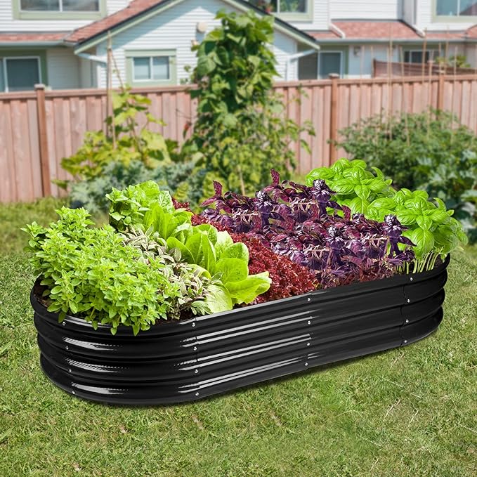 Raised Garden Bed GRS Certified Galvanized Planter Box Outdoor 8ft Oval Rot-Resistant Metal Garden Bed Planter Recycled Eco-Friendly Material Planter for Vegetables Flowers Herbs (Black)