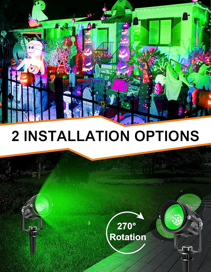 Green LED Spot Lights Outdoor 14 LED Landscape Lighting with US Plug IP65 Waterproof Spotlights for Tree Yard Garden Pathway Flag St. Patrick's Day Halloween Christmas Decor 2 Pack