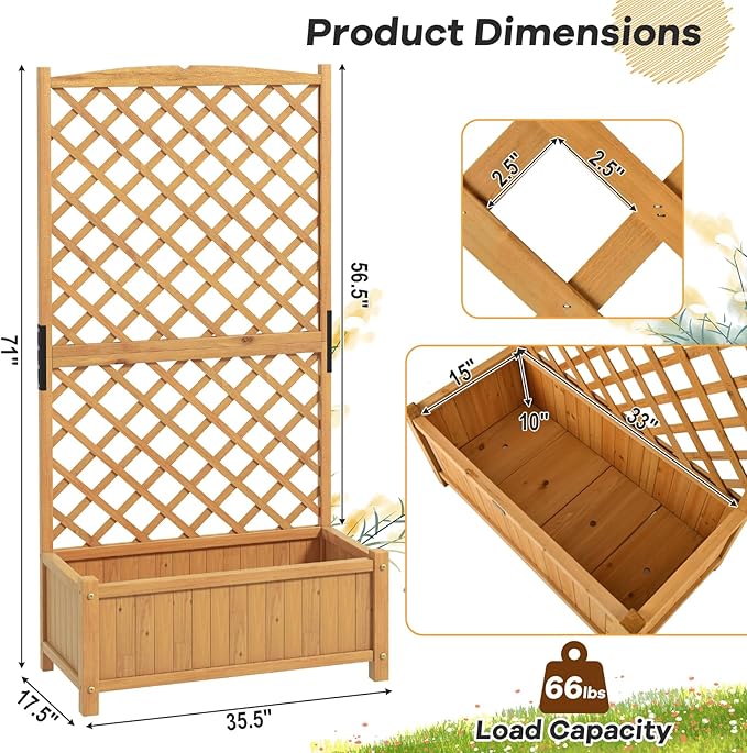 IRONMAX Planter Box with Trellis Fir Wood Vine Planter with Drainage Holes for Vegetables Flower Climbing Plants Outdoor Raised Garden Bed with Hanging for Yard Balcony (2 35.5 Lx17.5 Wx71 H)