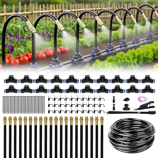 360° Adjustable Drip Irrigation System - 100FT Garden Watering System with 15 Nozzles Garden Irrigation System Greenhouse Accessories Atomizing System for Yard Lawn Plants 5/16 inch Hose