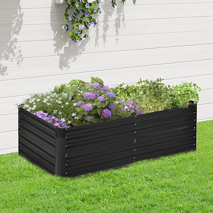 Galvanized Raised Garden Bed Kit with Reinforcing Bars Large and Tall Metal Planter Box for Vegetables Flowers and Herbs 6' x 3' x 2' Black