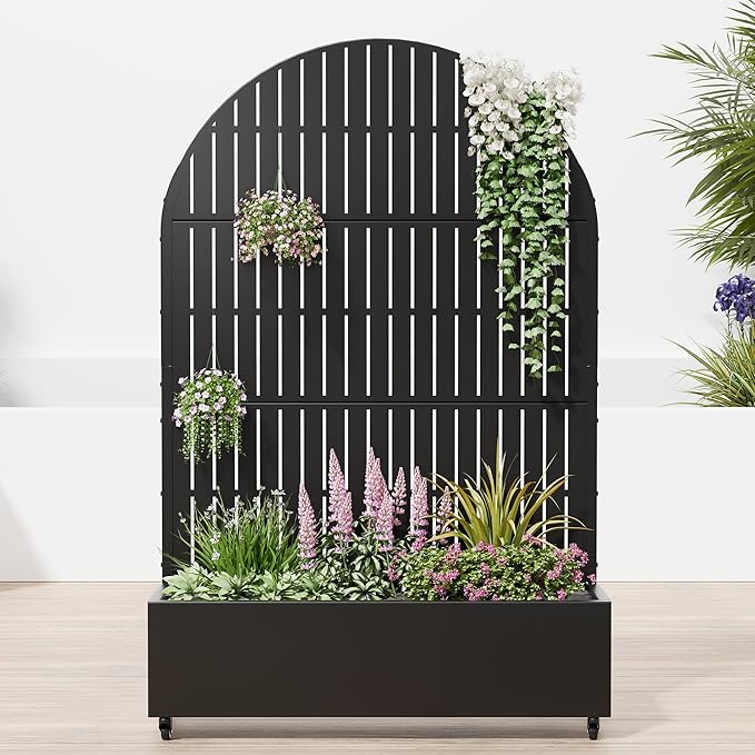 Casaphoria Raised Garden Bed Metal Planter Box with Trellis 72x47x16 for Outdoor Climbing Plants Flowers Vegetables and Vines Privacy Screen with Wheels and Drainage Holes(Black Vertical)