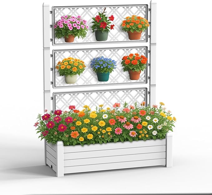 43.43×18.27×59.29IN Resin Planter Raised Beds with SteelsRaised Garden Bed Outdoor Waterproof &amp UV ResistantElevated Garden Beds for BackyardPatio &amp Balcony(Ashen)