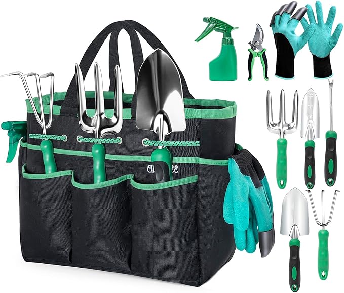 Garden Tool Set with Bag and Gloves Heavy Duty Stainless Steel Gardening Tool Set Ideal Gardening for Women and Men Set of 9