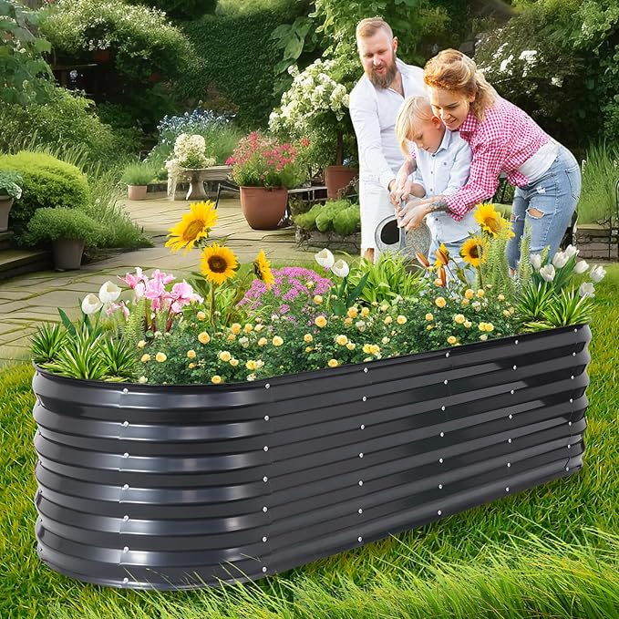 1MORE Galvanized Raised Garden Bed- Planter Garden Boxes Outdoor Raised Beds for Gardening 6x2x1.4ft Metal Garden Bed Kit for Vegetables Flower Planter Raised Bed with Protective Tape.Grey-2pcs