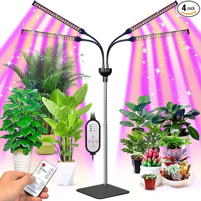 Grow Lights for Indoor Plants 4 in 1 Full Spectrum Plant Lights for Indoor Growing with Adjustable Brightness On/Off Switch and Timer Plant Grow Light liftable Height for Plant Growth and Flowe