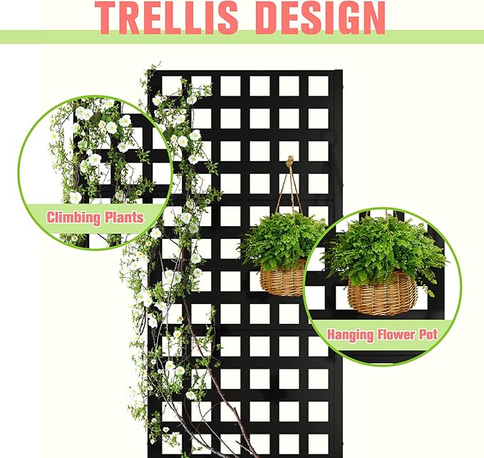 Metal Planter Box with Trellis Raised Garder Bed with Drainage Hole Privacy Screen &amp Trellis for Climbing Plants Outdoor Plant Stands 24''L×12''W×63''H Black