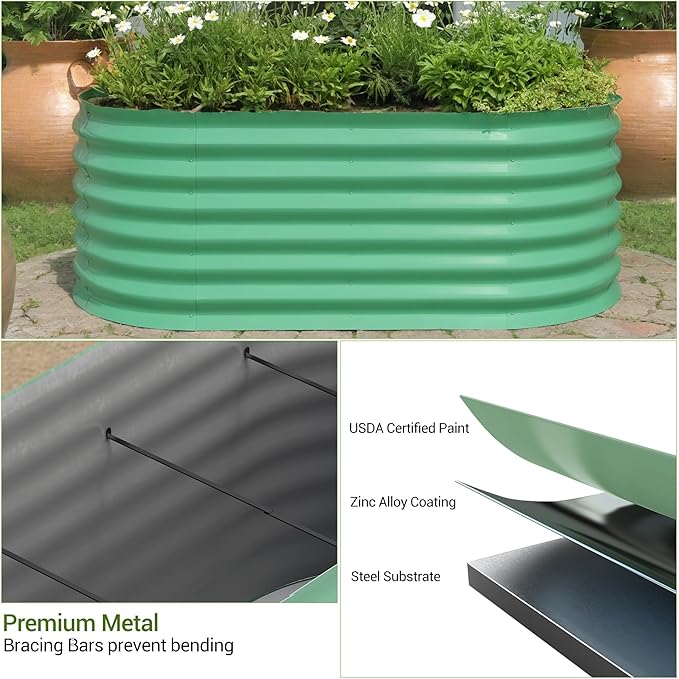 IDEALHOUSE 4x2x2 Ft Galvanized Metal Raised Garden Bed 24-Inch Tall Outdoor Planter Box for Vegetables Flowers &amp Herbs Rust-Resistant Garden Beds for Backyard Patio or Balcony Green