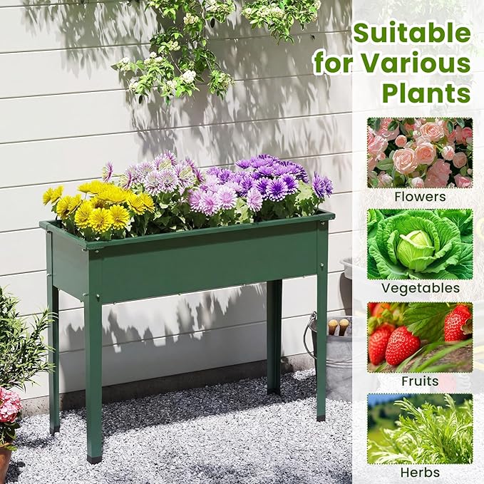 HAPPYGRILL Raised Garden Bed Metal Elevated Planter Box w/Legs Drainage Holes for Growing Vegetables Fruits Flowers Indoor Outdoor Standing Plant Container for Backyard Patio (Green 40”x16”x32”)