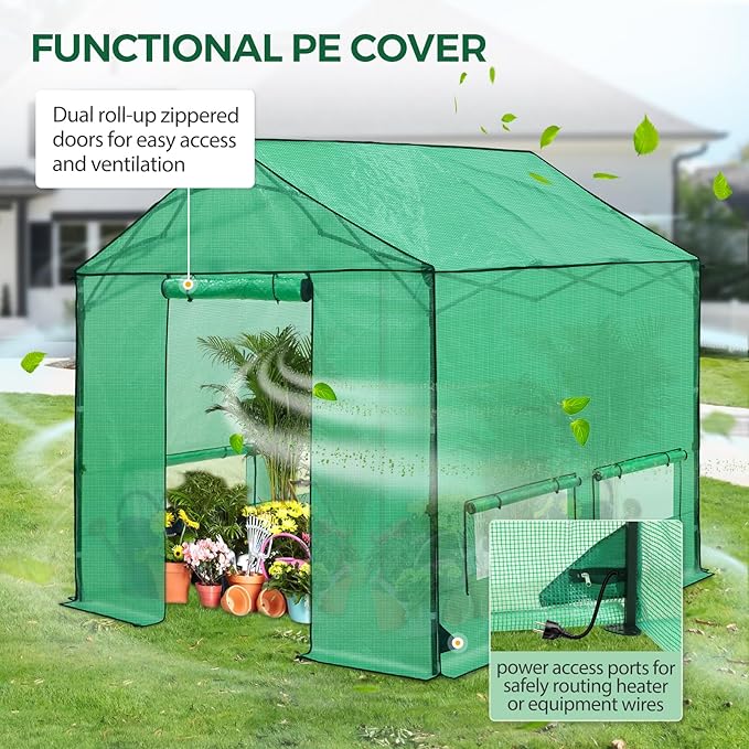 10x10 Pop Up Greenhouse Instant Walk in Green House with PE Cover Power Ports Roll up Doors &amp Windows for Indoor Outdoor Plant Growing Green