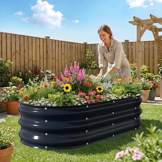 Kesfitt Raised Garden Bed 4x2x1 FT Galvanized Steel Metal Raised Garden Bed Oval Open-Bottom Design 12-Inch Deep for Outdoor Vegetable &amp Herb Gardening Midnight Blue