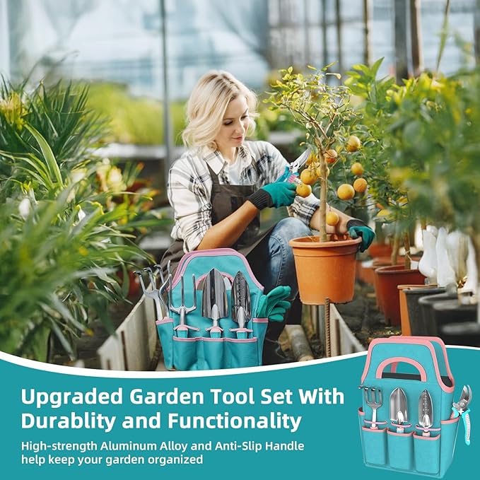 MelonArt Garden Tool Set8 Pcs Gardening Hand Tool Starter Kit for Women Heavy Duty Outdoor Tool Kit Aluminum Alloy with Non Slip Ergonomic Handle Ideal Gifts for Women and Men Green&ampPink