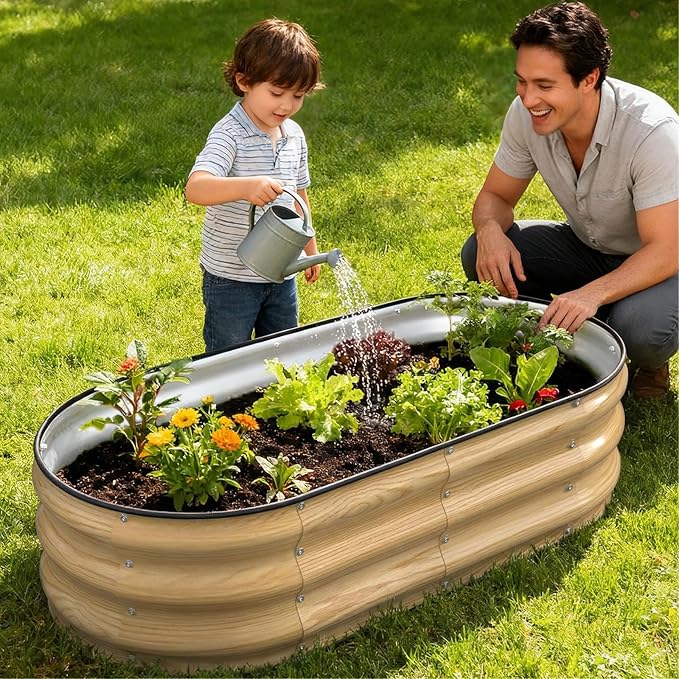 4x2x1FT Galvanized Raised Garden BedsRaised Garden Bed with Safety Edging and GlovesOval Metal Planter Box for Gardening Vegetables Flowers Herb-Natural Oak
