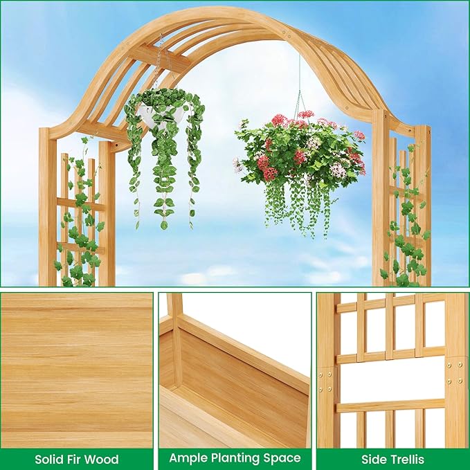 DoCred Raised Garden Bed with Trellis Freestanding Wood Planter Box with Hanging Roof Side Trellis Above Ground Elevated Garden Bed Outdoor Planter with Arch Trellis for Climbing Plants Vines Patio