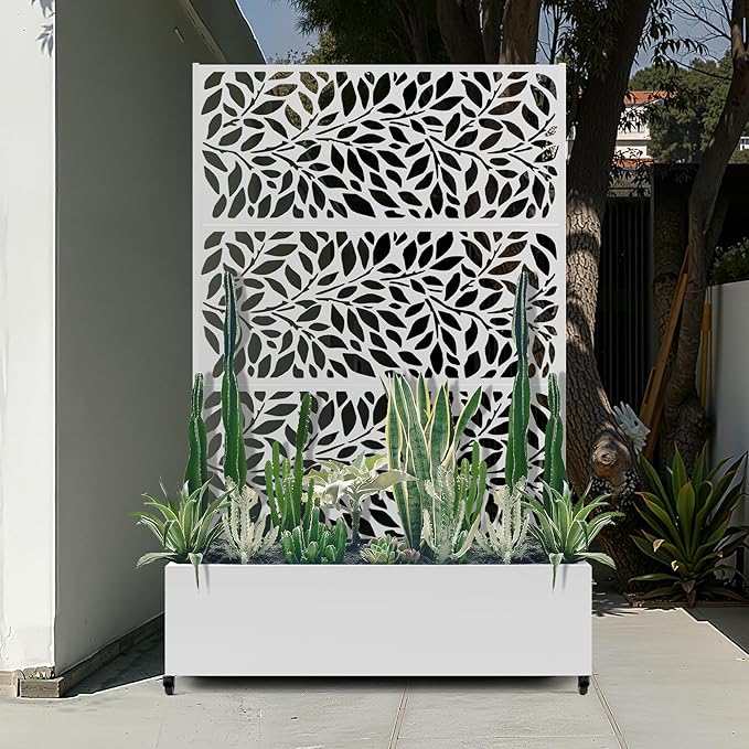 Metal Raised Garden Bed with Trellis Privacy Screen Large Planters Box with Wheels &amp Drainage Holes for Climbing Plants (47 L×16 W×71 H White Leaf)