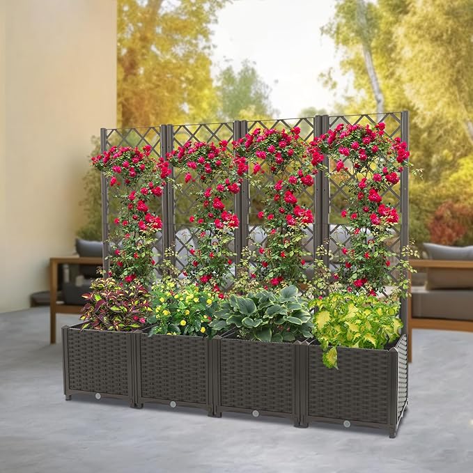 Planter Box with Trellis 4.6ft Tall Raised Garden Bed with 4 Box for Outdoor Vegetable Flowers &amp Climbing Plants Yard Balcony Decoration (Brown)