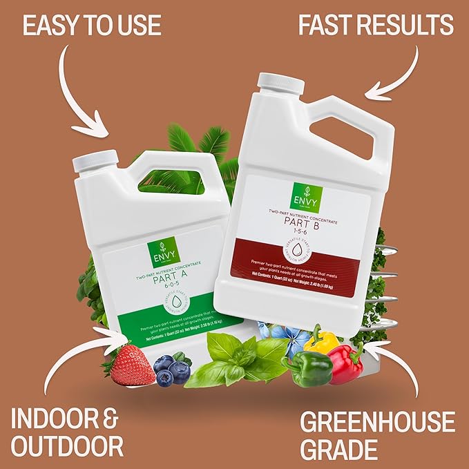 ENVY Hydroponic Plant Food A &amp B – Two-Part Liquid Nutrient for Indoor/Outdoor Plants – Soil Coco Hydroponics DWC – Quart Set