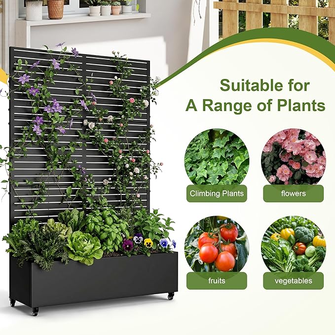 Casaphoria Metal Raised Garden Bed with Trellis and Wheels 72x47x16 Planter Box for Climbing Plants Vegetables &amp Vines Features Drainage Holes and Privacy Screen (Black-Louvered)