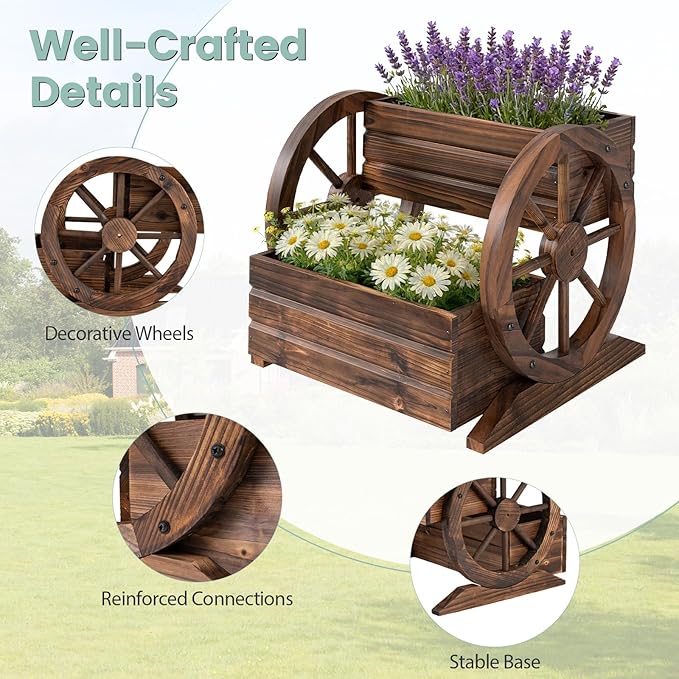 HAPPYGRILL Wood Wagon Planter Box 2-Tier Rustic Raised Garden Bed w/Wheels Drainage Holes for Vegetables Flowers Indoor Outdoor Decorative Planter Container Flower Cart for Patio Balcony (1)