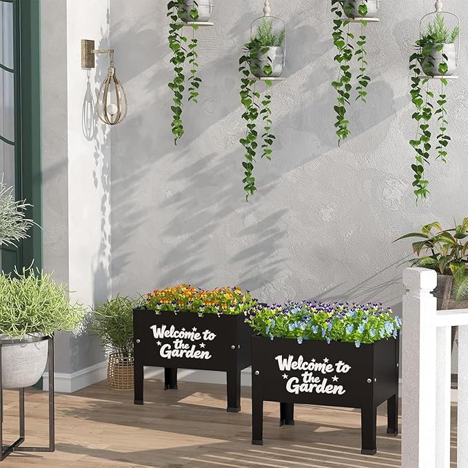 aboxoo 2 Packs 14 Inch Spray-Painted Style Small Planter Raised Garden Bed with LegsOutdoor Metal Planter Box for PatioElevated Garden Bed for Vegetables Flower Herb(Black)