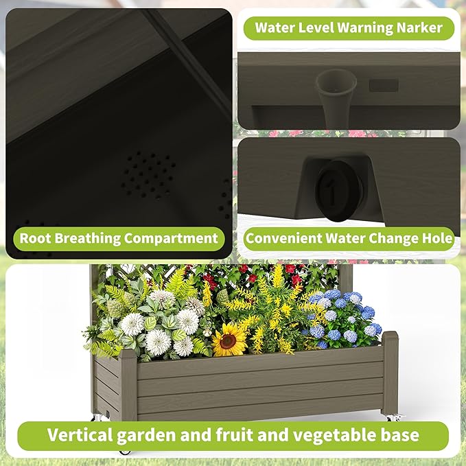 Elevated Raised Garden Bed with TrellisOutdoor Large Resin Patio Planter Box with Lockable Wheels Drain PlugWater Monitor for Plants Vegetables Flowers Fruits (Grey 43.43 * 18.27 * 64.29)